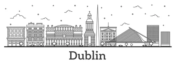 Esquema Dublin Ireland City Skyline Con Edificios Históricos Aislados Blanco — Vector de stock