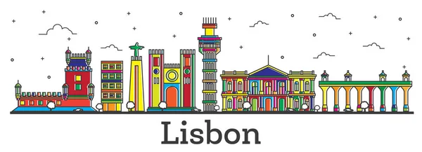 Umreißen Lissabon Portugal City Skyline Mit Farbigen Gebäuden Isoliert Auf — Stockvektor