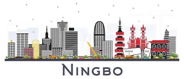 Ningbo China City Skyline Com Edifícios Cor Isolados Branco Ilustração — Vetor de Stock