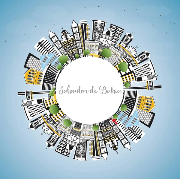 stock vector Salvador de Bahia City Skyline with Color Buildings, Blue Sky and Copy Space. Vector Illustration. Travel and Tourism Concept with Historic Architecture. Salvador de Bahia Cityscape with Landmarks.