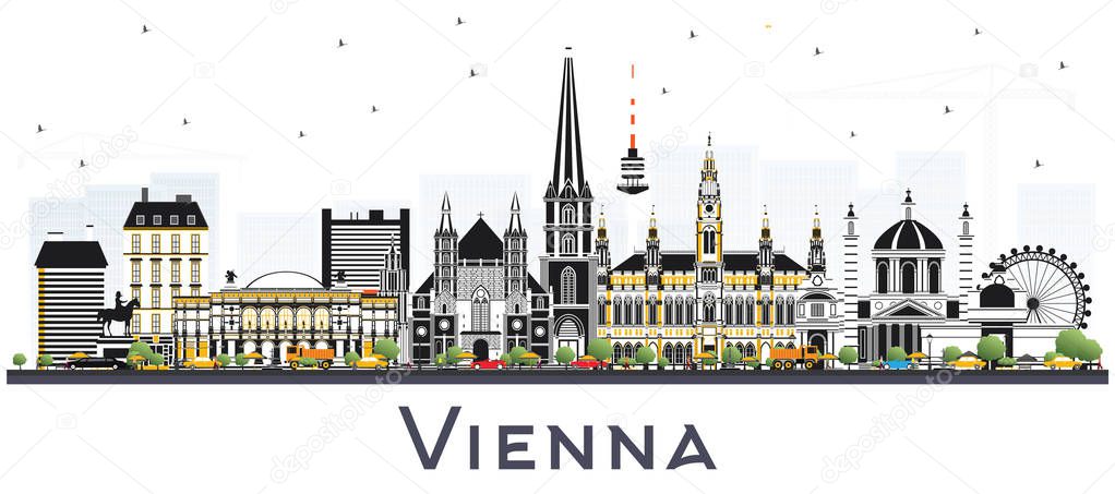 Vienna Austria City Skyline with Color Buildings Isolated on White. Vector Illustration. Business Travel and Tourism Concept with Historic Architecture. Vienna Cityscape with Landmarks.