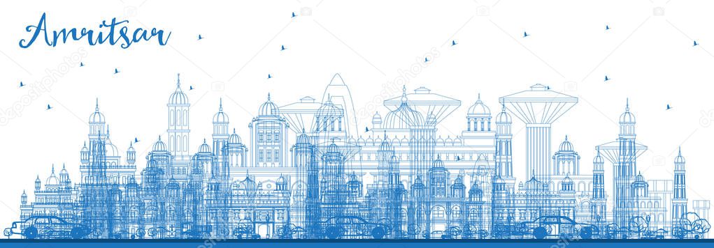 Outline Amritsar India City Skyline with Blue Buildings. Vector Illustration. Business Travel and Tourism Concept with Historic Architecture. Amritsar Cityscape with Landmarks.