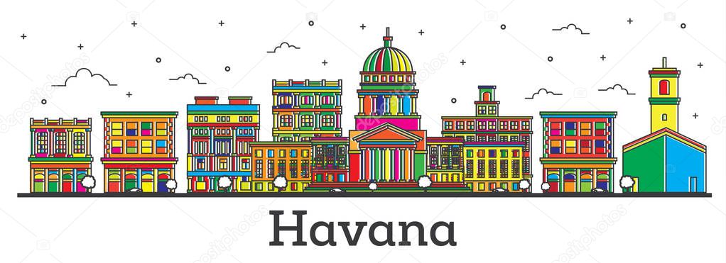 Outline Havana Cuba City Skyline with Color Buildings Isolated on White. Vector Illustration. Havana Cityscape with Landmarks.