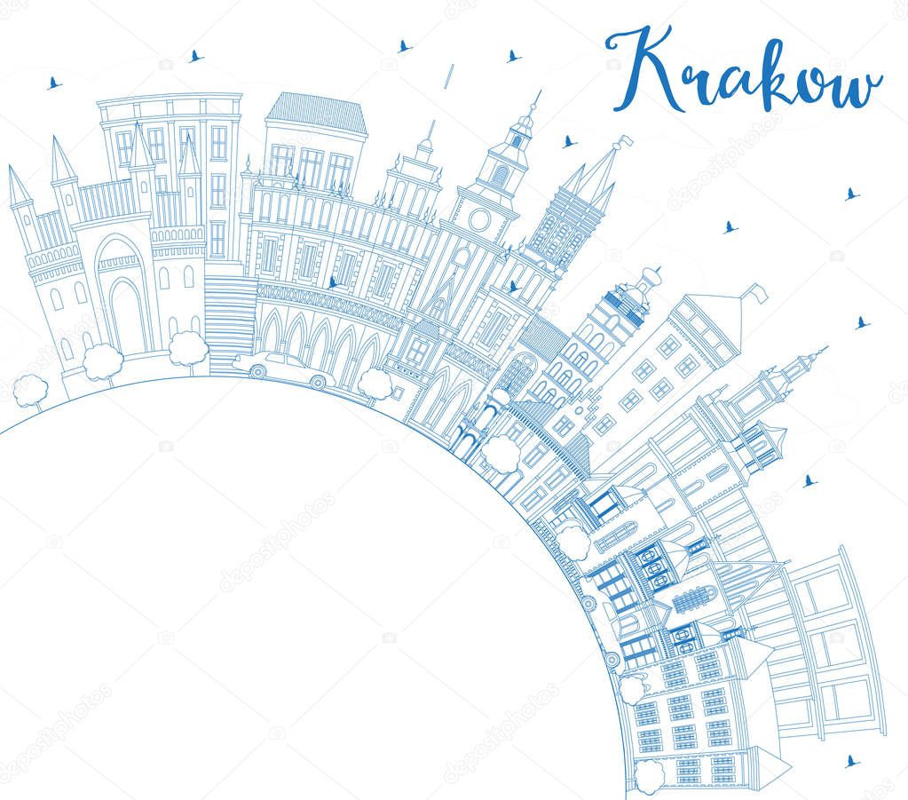 Outline Krakow Poland City Skyline with Blue Buildings and Copy Space. Vector Illustration. Business Travel and Tourism Concept with Historic Architecture. Krakow Cityscape with Landmarks.