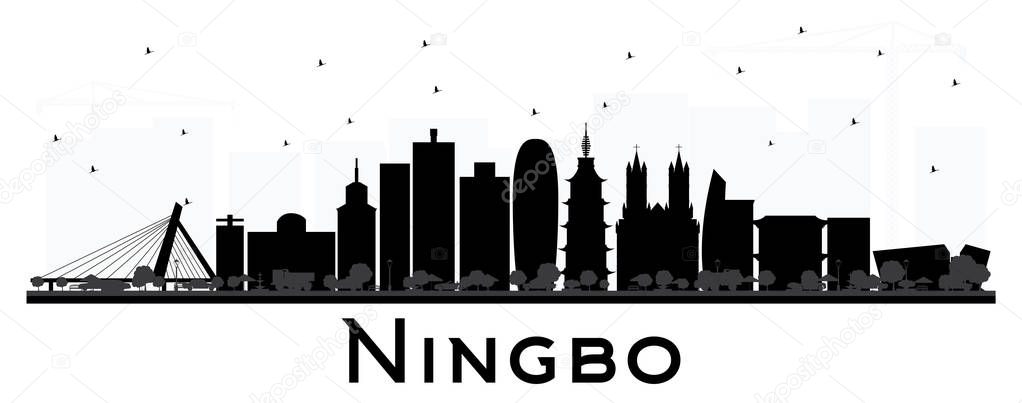 Ningbo China City Skyline with Black Buildings Isolated on White. Vector Illustration. Business Travel and Tourism Concept with Historic Architecture. Ningbo Cityscape with Landmarks.