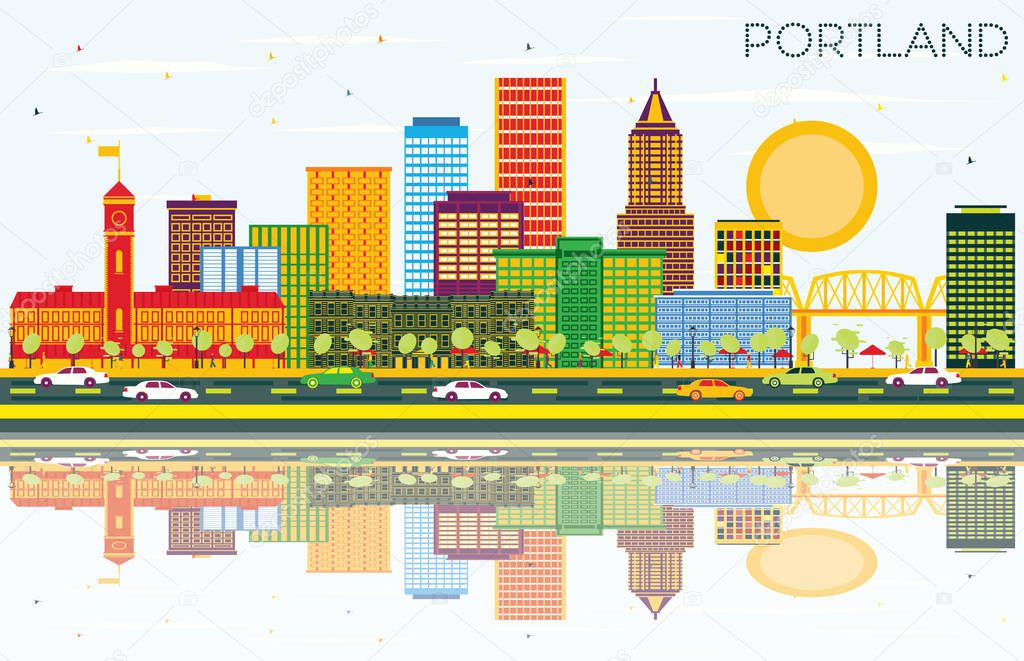 Portland Oregon City Skyline with Color Buildings, Blue Sky and Reflections. Vector Illustration. Business Travel and Tourism Concept with Modern Architecture. Portland Cityscape with Landmarks.