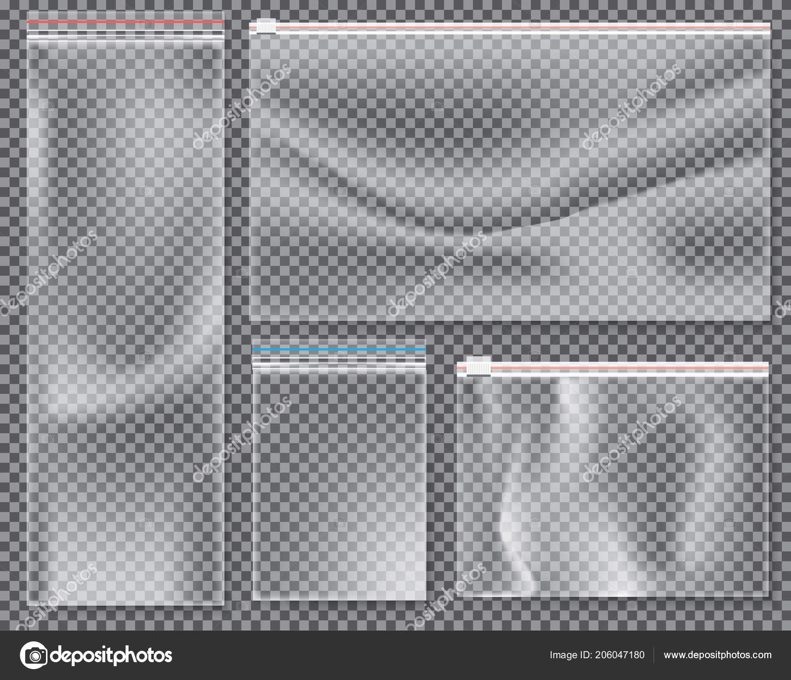 Transparent Nylon Bag Lock Zip Vector Illustration Set Isolated