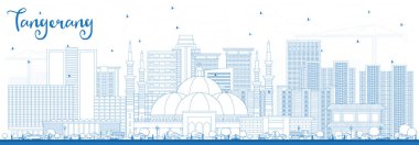Mavi Binalı Tangerang City Skyline 'ın ana hatları. Vektör İllüstrasyonu. Modern Mimariyle İş Seyahatleri ve Turizm Konsepti. Tarihi Simgeli Tangerang Şehri.
