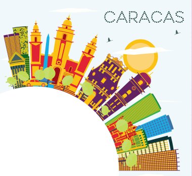 Caracas Venezuela manzarası renkli binalar, mavi gökyüzü ve kopya alanı. Vektör çizim. İş seyahat ve Turizm kavramı tarihi binaları ile. Caracas Cityscape yerler ile.