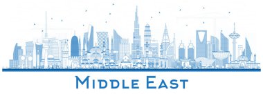 Mavi üzerine beyaz izole binalar ile anahat Orta Doğu şehir manzarası. Vektör çizim. Dubai, Kuveyt, Abu Dabi, Doha, Istanbul, Cidde. Seyahat ve Turizm kavramı Modern mimariye sahip. Orta Doğu Cityscape yerler ile.