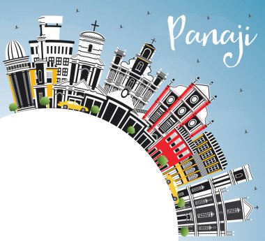 Panaji Hindistan şehir manzarası renkli binalar, mavi gökyüzü ve kopya alanı. Vektör çizim. İş seyahat ve Turizm kavramı tarihi mimarisi ile. Panaji Cityscape yerler ile.