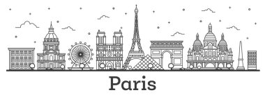 Paris France City Skyline 'ın ana hatları. Beyaz üzerine izole edilmiş tarihi binalar. Vektör İllüstrasyonu. Tarihi Simgelerle Paris Şehri.