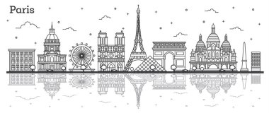 Paris France City Skyline 'ın ana hatları. Beyaz üzerine izole edilmiş tarihi yapılar ve yansımalar. Vektör İllüstrasyonu. Tarihi Simgelerle Paris Şehri.