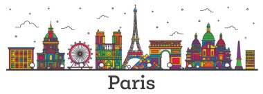 Anahat Paris Fransa şehir manzarası ile renk üzerine beyaz izole binalar. Vektör çizim. Paris Cityscape yerler ile.