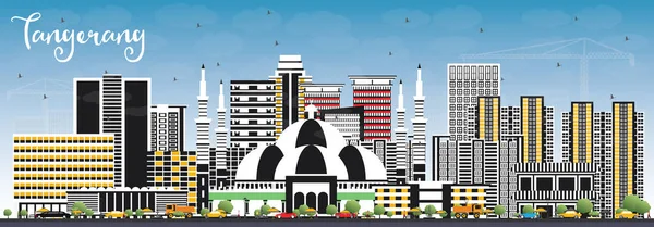 Tangerang Endonezya şehir manzarası ile gri binalar ve mavi gökyüzü. Vektör çizim. İş seyahat ve Turizm kavramı Modern mimariye sahip. Tangerang Cityscape yerler ile.