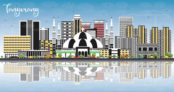 Tangerang Indonesia City Skyline Con Edificios Grises Cielo Azul Reflexiones — Vector de stock