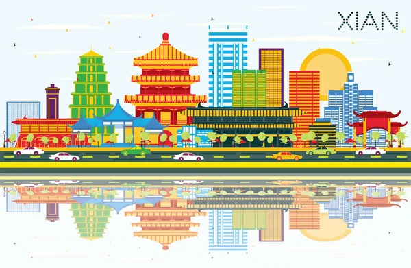 Xian Chiny Skyline Kolor Budynków Błękitne Niebo Refleksje Ilustracja Wektorowa — Wektor stockowy