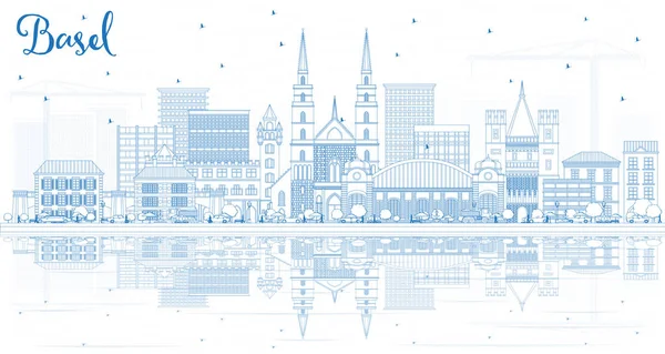 Esquema Basilea Suiza Ciudad Skyline Con Edificios Azules Reflexiones Ilustración — Vector de stock