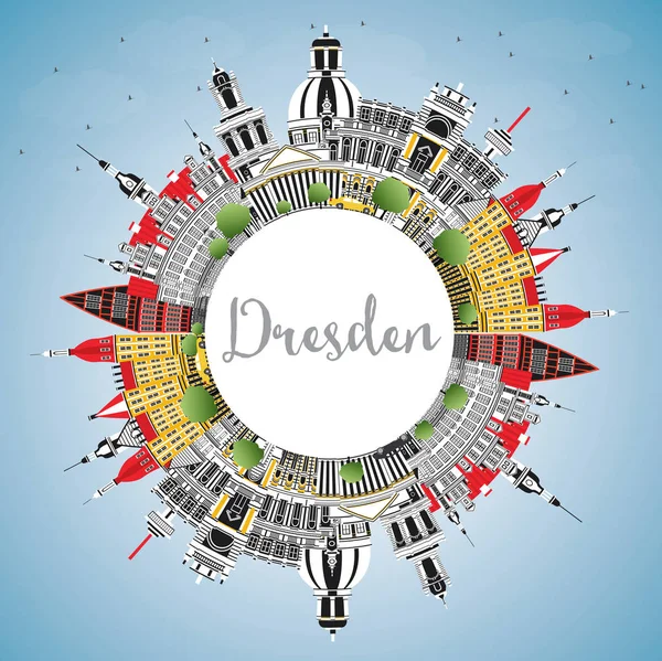 Dresden Tyskland Stadssilhuetten Med Färg Byggnader Blå Himmel Och Kopia — Stock vektor