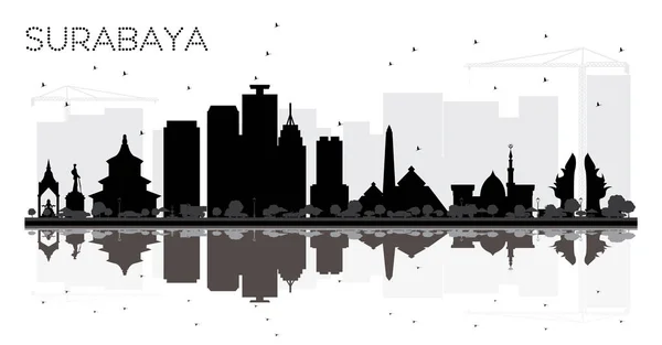 Surabaya Indonesien City Skyline Schwarz Weiß Silhouette Mit Reflexionen Vektorillustration — Stockvektor