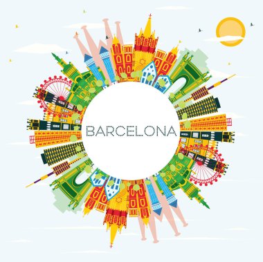 Barselona manzarası renkli binalar, mavi gökyüzü ve kopya alanı. Vektör çizim. İş seyahat ve Turizm kavramı tarihi mimarisi ile. Barcelona Cityscape yerler ile.