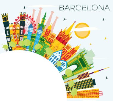 Barselona manzarası renkli binalar, mavi gökyüzü ve kopya alanı. Vektör çizim. İş seyahat ve Turizm kavramı tarihi mimarisi ile. Barcelona Cityscape yerler ile.