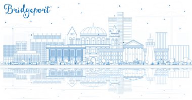 Mavi binalar ve yansımaları ile anahat Bridgeport Connecticut şehir manzarası. Vektör çizim. İş seyahat ve Turizm kavramı tarihi mimarisi ile. Bridgeport ABD Cityscape yerler ile.