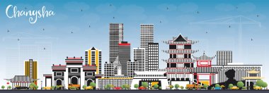 Changsha Çin şehir manzarası ile gri binalar ve mavi gökyüzü. Vektör çizim. İş seyahat ve Turizm kavramı Modern mimariye sahip. Changsha Cityscape yerler ile.