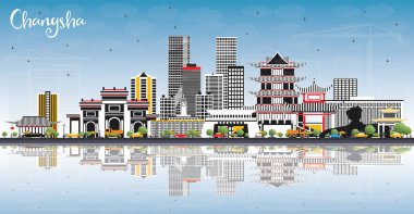 Changsha Çin şehir manzarası ile gri binalar, mavi gökyüzü ve yansımaları. Vektör çizim. İş seyahat ve Turizm kavramı Modern mimariye sahip. Changsha Cityscape yerler ile.
