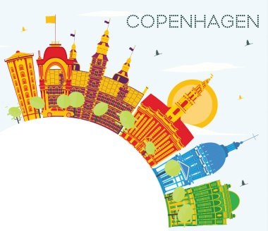 Kopenhag Danimarka şehir manzarası renkli binalar, mavi gökyüzü ve kopya alanı. Vektör çizim. İş seyahat ve Turizm kavramı tarihi binaları ile. Copenhagen Cityscape yerler ile.