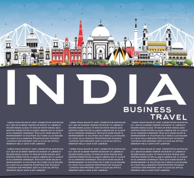 Renk binalar, mavi gökyüzü ve kopya alanı Türkiye şehir manzarası. Delhi. Hyderabad. Kolkata. Vektör çizim. Seyahat ve Turizm kavramı tarihi mimarisi ile. Hindistan Cityscape yerler ile.