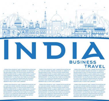Anahat Hindistan şehir manzarası ile mavi binalar ve kopya alanı. Delhi. Hyderabad. Kolkata. Vektör çizim. Seyahat ve Turizm kavramı tarihi mimarisi ile. Hindistan Cityscape yerler ile.