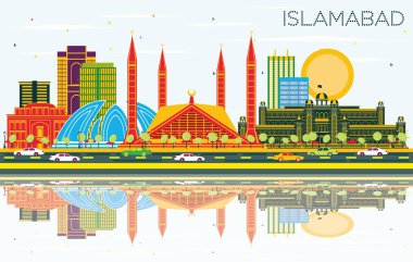 Islamabad Pakistan şehir manzarası ile renk binalar, mavi gökyüzü ve yansımaları. Vektör çizim. İş seyahat ve Turizm kavramı tarihi mimarisi ile. Islamabad Cityscape yerler ile.