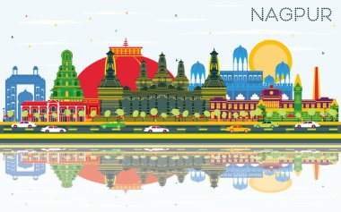 Nagpur Hindistan şehir manzarası ile renk binalar, mavi gökyüzü ve yansımaları. Vektör çizim. İş seyahat ve Turizm kavramı tarihi mimarisi ile. Nagpur Cityscape yerler ile.