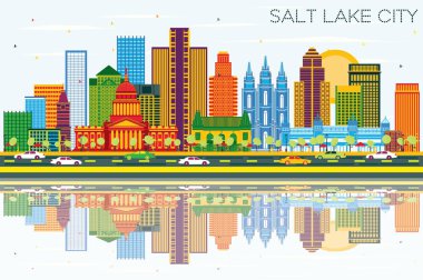 Salt Lake City Utah manzarası renkli binalar, mavi gökyüzü ve yansımaları ile. Vektör çizim. İş seyahat ve Turizm kavramı tarihi mimarisi ile. Salt Lake City Cityscape yerler ile.