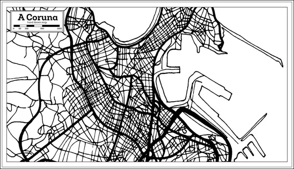 Coruna Spanya Şehir Haritası Retro Tarzı Anahat Harita Vektör Çizim — Stok Vektör