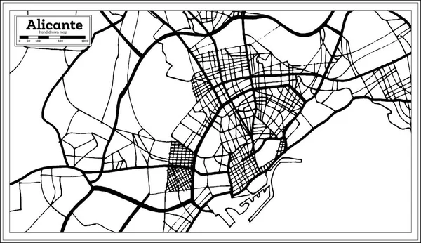 Alicante Spagna Mappa Città Stile Retrò Mappa Del Contorno Illustrazione — Vettoriale Stock