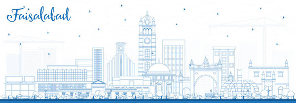 Очертания города Фейсалабад с голубыми зданиями. Векторная иллюстрация. Концепция деловых поездок и туризма с современной архитектурой. Пейзаж Фейсалабада с достопримечательностями
.