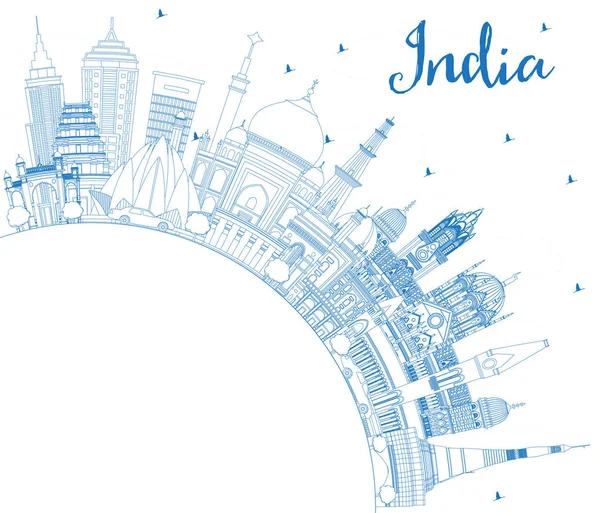 Esquema Ciudad India Skyline Con Edificios Azules Espacio Copia Delhi — Archivo Imágenes Vectoriales