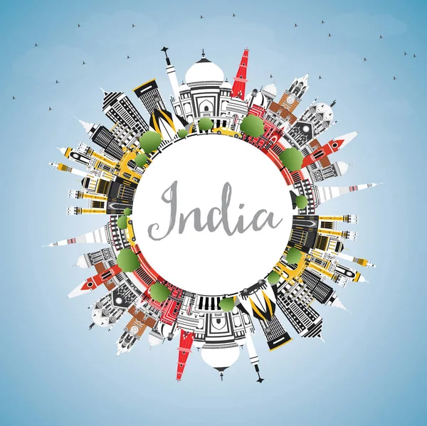 Indiens Stadtsilhouette Mit Farbigen Gebäuden Blauem Himmel Und Kopierraum Delhi — Stockvektor