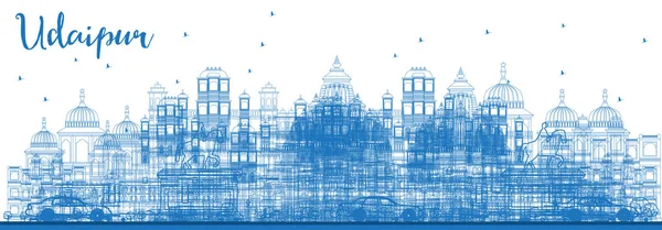 Outline Udaipur India Skyline Con Blue Buildings Illustrazione Vettoriale Business — Vettoriale Stock