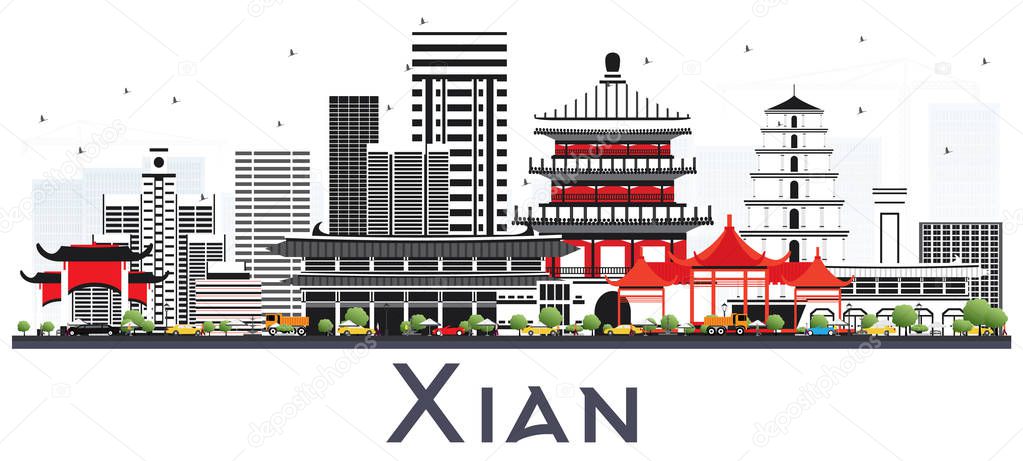 Xian China Skyline with Color Buildings Isolated on White. Vector Illustration. Business Travel and Tourism Concept with Historic Architecture. Xian Cityscape with Landmarks.
