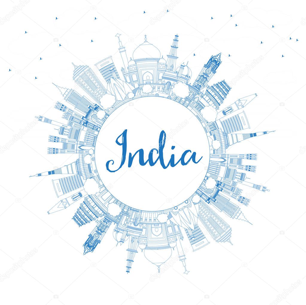 Outline India City Skyline with Blue Buildings and Copy Space. Delhi. Mumbai, Bangalore, Chennai. Vector Illustration. Tourism Concept with Historic Architecture. India Cityscape with Landmarks.