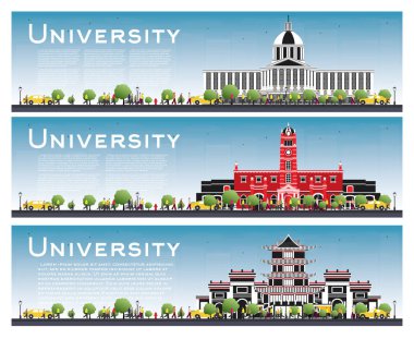 Üniversite kampüs çalışma afiş ve ayarlayın. Vektör çizim. Öğrenciler Üniversite ana binaya gidin. Mavi gökyüzü ve yeşil ağaç manzarası. Kopya alanı ile banner.