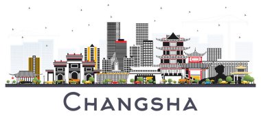 Changsha Çin şehir manzarası ile gri beyaz izole binalar. Vektör çizim. İş seyahat ve Turizm kavramı Modern mimariye sahip. Changsha Cityscape yerler ile.