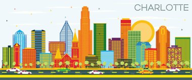 Charlotte North Carolina şehir manzarası renkli binalar ve mavi gökyüzü. Vektör çizim. İş seyahat ve Turizm kavramı Modern mimariye sahip. Charlotte Cityscape yerler ile.