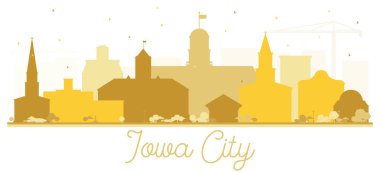 Iowa City Skyline altın siluet. Vektör çizim. Turizm tanıtımı, başlık sayfası, afiş veya Web sitesi için basit düz kavramı. İş seyahat kavramı. Iowa City Cityscape yerler ile.
