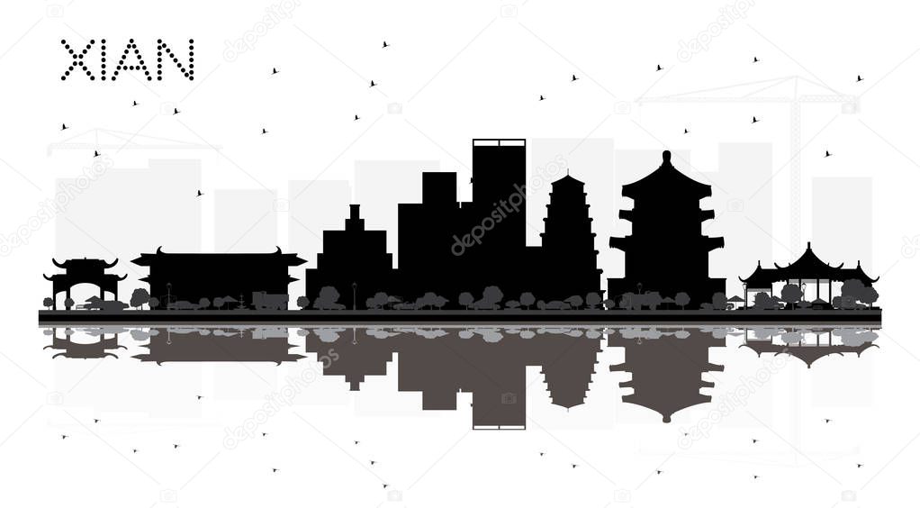 Xian China City skyline black and white silhouette with Reflections. Vector illustration. Simple flat concept for tourism presentation, banner, placard or web site. Xian Cityscape with landmarks.
