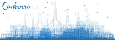 Mavi binaları ile anahat Canberra Avustralya şehir manzarası. Vektör çizim. İş seyahat ve Turizm kavramı Modern mimariye sahip. Canberra Cityscape yerler ile.