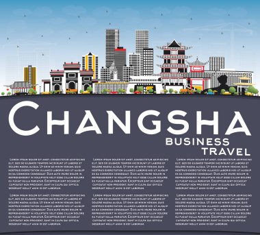 Changsha Çin şehir manzarası ile gri binalar, mavi gökyüzü ve kopya alanı. Vektör çizim. İş seyahat ve Turizm kavramı Modern mimariye sahip. Changsha Cityscape yerler ile.